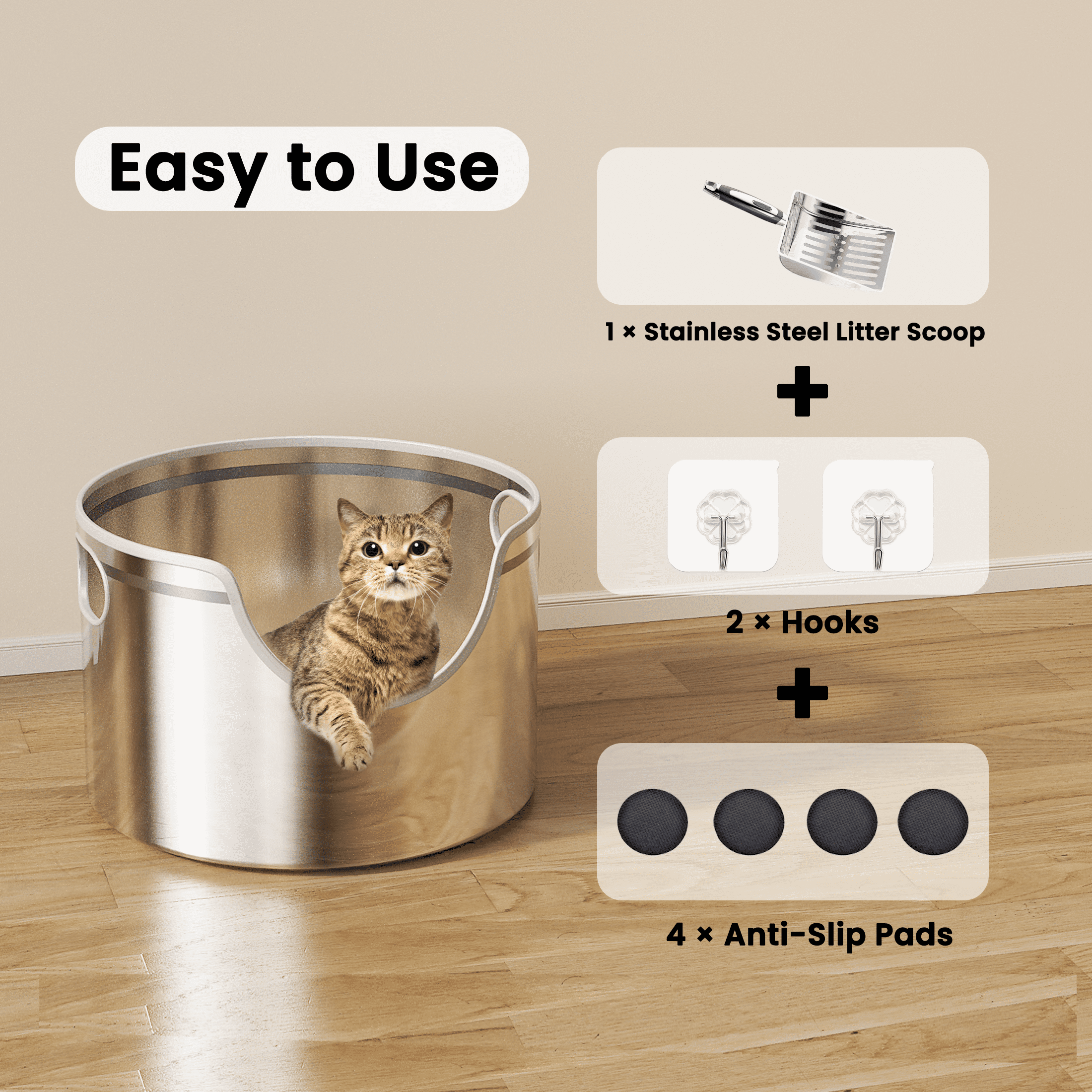 Stainless Steel Litter Box, XL/XXL for Big & Multi Cats: 12" High-Wall, High-Side, Integrated Round, Odor-Control, Easy-Clean, Durable Metal—Includes Stainless-Steel Scoop