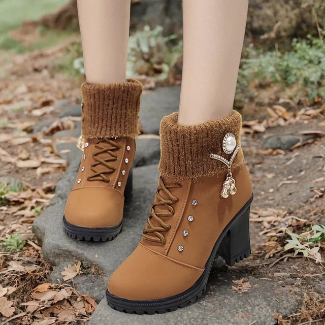 Botas de invierno para mujer, botines de , moda informal para vestidos, con cremallera lateral, cómodos zapatos de vestir, punta Marrón Yinane Botines de invierno