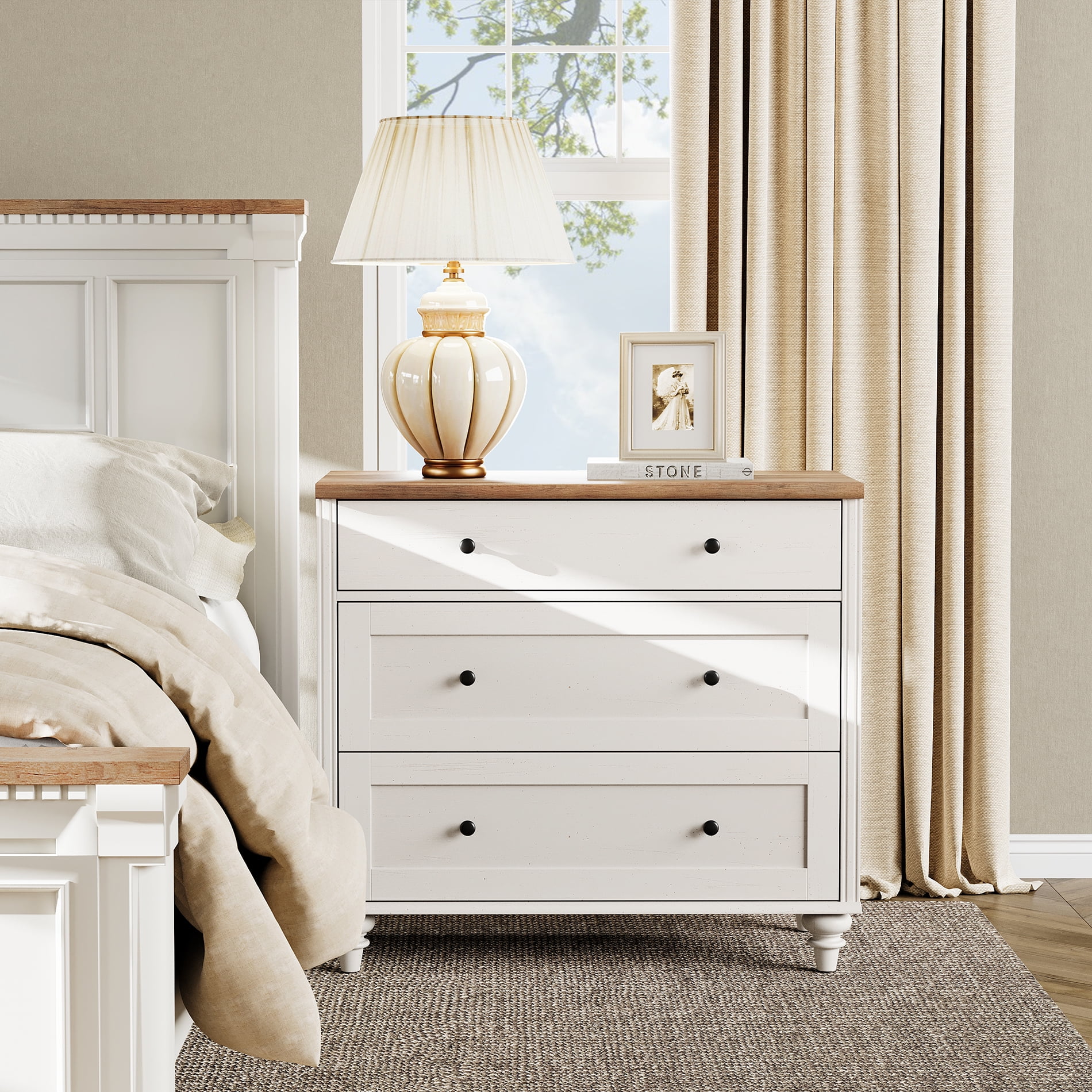 Farmhouse End Table with 3 Drawers, Large Wood Bedside Table Night Stand, Wide Sofa Side End Table 3 Drawers Chest of Dresser for Living Room, Bedroom, White