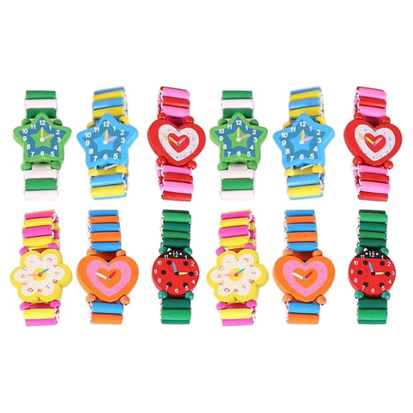 CIMAXIC Party 12pcs Cartoon Wooden Toy Watches For Kids Cute Party Favors Creative Toddler Wristwatches Lightweight Cartoon Watch Lightweight Wood Wristwatch,1.38"X1.18"X0.2"