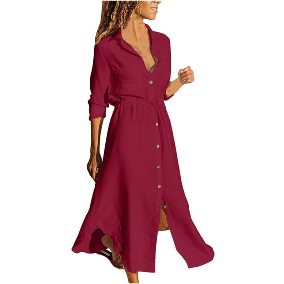 Ersazi Summer Dresses for Women 2023 Women's Solid Color Single Breasted Lapel Drawstring Shirt Dress Cotton Linen Dress Fashion Wrap Dress for Women ,Wine,S