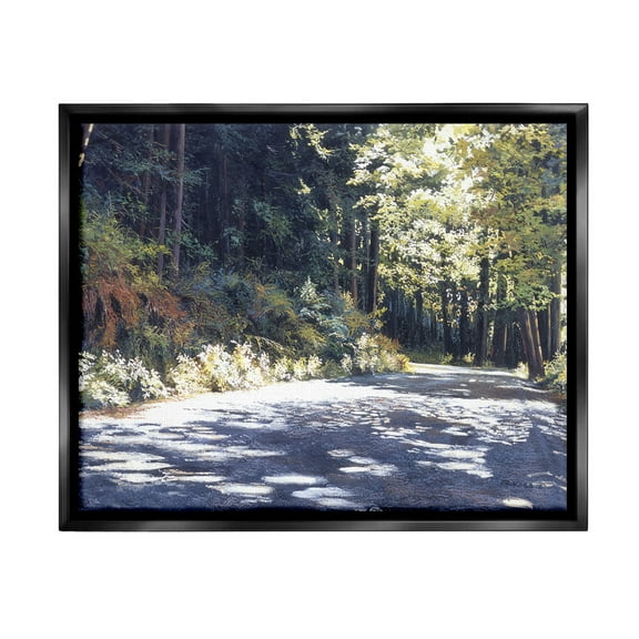 Stupell Industries Sunlit Woodland Road Landscape Painting Black Floater Framed Canvas Art Print Wall Art, 21 x 17