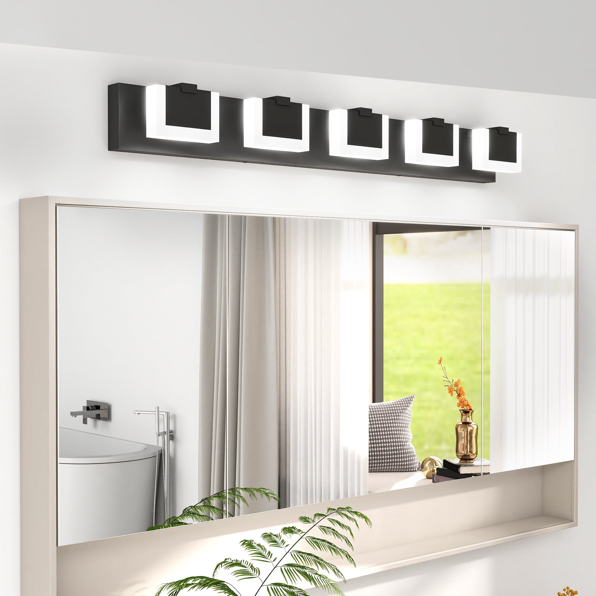 5 Lights Modern Black Vanity Light Up and Down Black Bathroom Lighting Fixtures LED Bathroom Wall Light Over Mirror 6000K