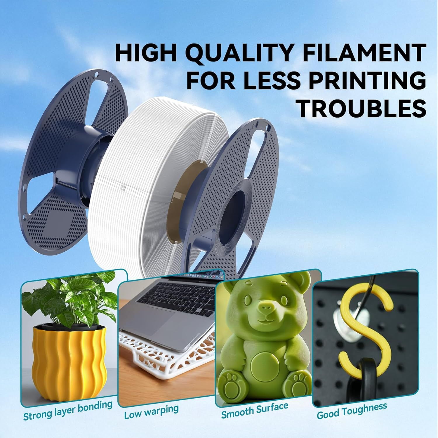Large Spool 5KG PLA Filament, PLA 3D Printer Filament 1.75mm, Less Stringing Good Layer Adhesion High Toughness,Big Roll PLA Filament, 5KG Spool (11lbs), PLA White