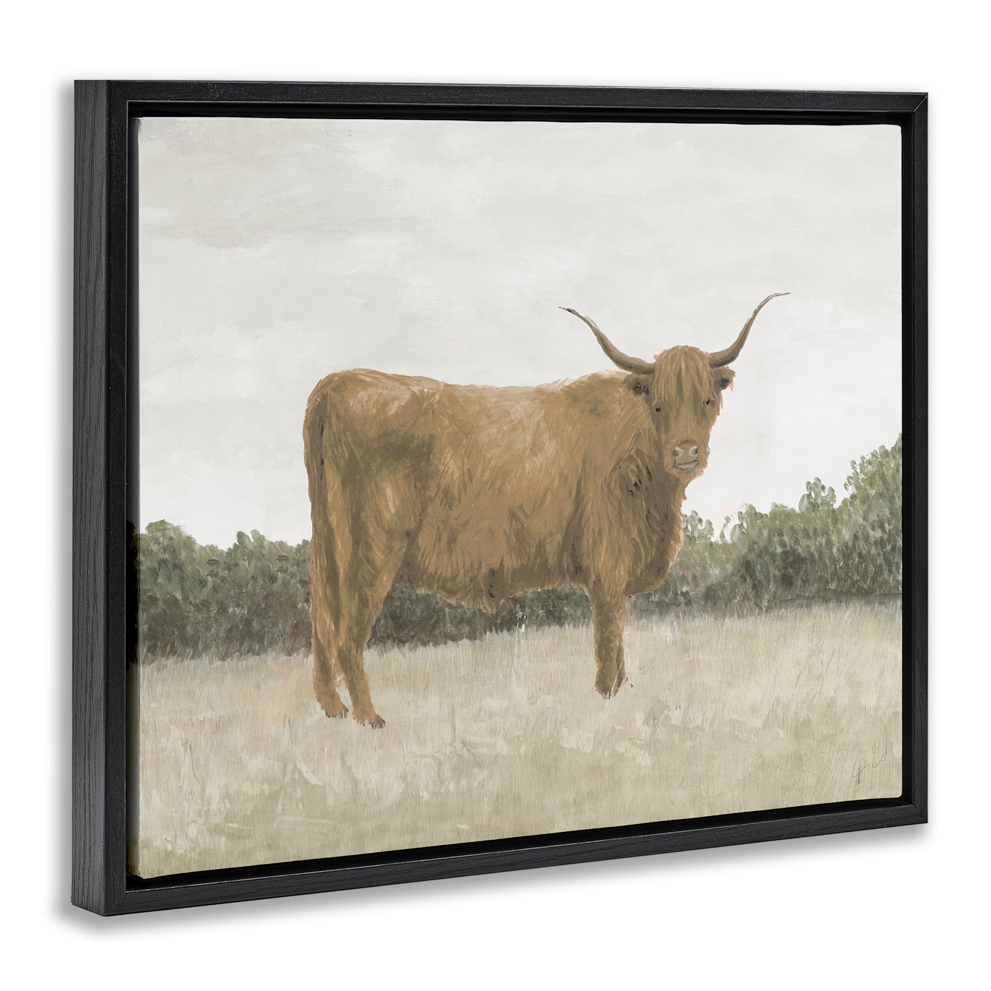 Stupell Industries Brown Cattle Gazing Animals & Insects Painting Black Floater Framed Canvas Art Print Wall Art, 31 x 25