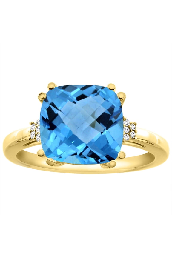 14K Yellow Gold Diamond Natural Swiss Blue Topaz Engagement Ring Cushion-cut 10x10 mm, size 5.5