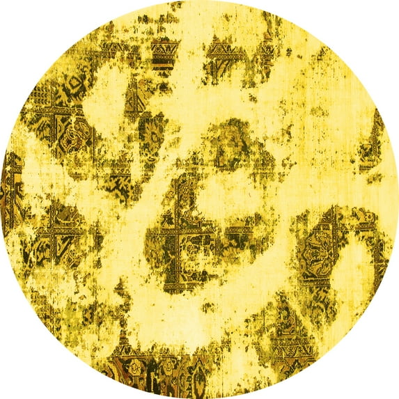 Ahgly Company Machine Washable Indoor Round Abstract Yellow Modern Area Rugs, 6' Round