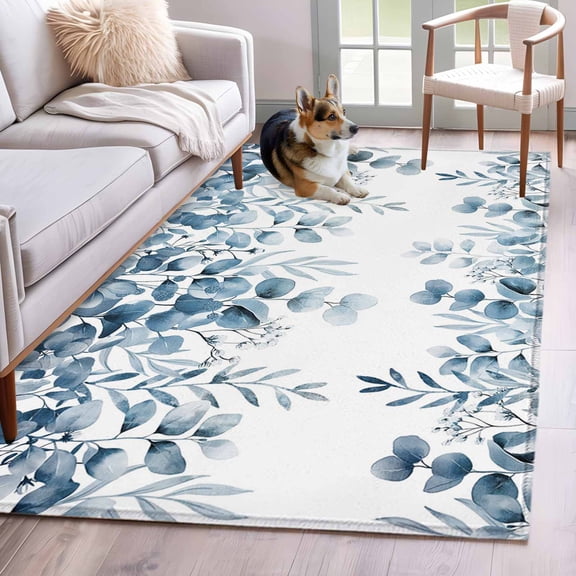 Area Rugs 2.7'x5', Blue Green Eucalyptus Leaves Carpet for Living Room Bedroom Dining Room, Spring Summer Botanical Throw Kitchen Rugs Non Slip Washable Rectangle Indoor Outdoor Rugs