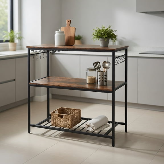 Barara King Kitchen Bakers Rack, Kitchen Microwave Stand, 3 Shelves Kitchen Island Industrial Prep Table with Bottom Wine Rack-Rustic Brown