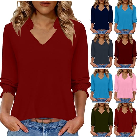 TKYCMSUAKI 3/4 Puff Sleeve Shirts for Women Trendy V Neck Solid T-Shirts Soft Loose Fit Tunic Tops Dressy Casual Basic Blouses