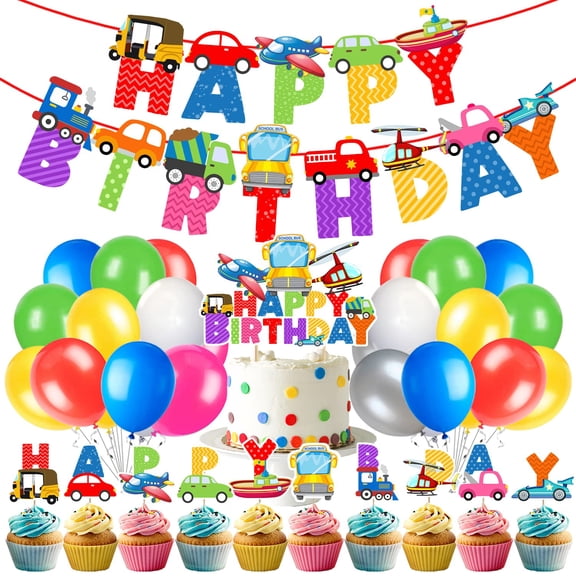 37 pcs Transportation Birthday Party Decorations for Boys, Traffic Vehicle Theme Decoration for Boys, Happy Birthday Paper Banner ,Cake And Cup Cake Topper,Balloons