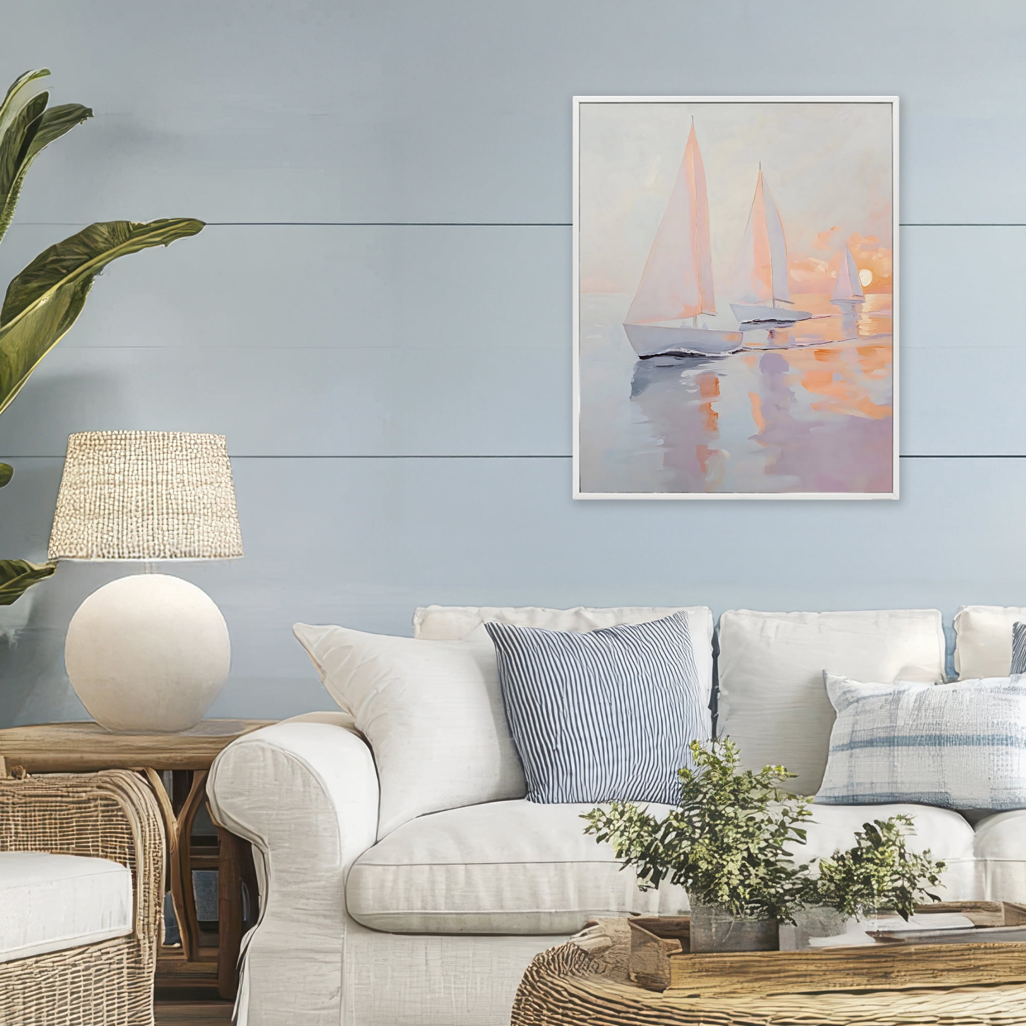Stupell Industries Peach Sunset Sailboats on Sea White Framed Giclee Art, design by Creative Studio