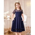 thumbnail image 3 of Oudiya Girls Contrast Mesh Short Sleeve A Line Party Dresses Navy Blue Formal Dress with Pockets for Tween 5-12Y, 3 of 7