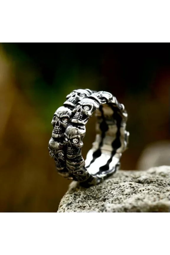 Vintage Punk Hiphop Stainless Steel Skull Set with Gemstone Men's Ring Size 7-13-7