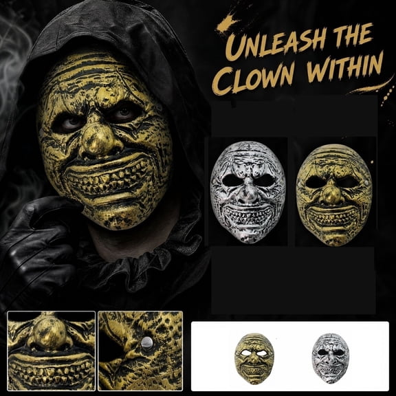 Scary Halloween Clown Mask Hard Plastic Embossed Gold Face Smooth Edges 9.45 X 7.87 Inch, Dress Up for Trick Or Treat and Haunted House Scare, Adult Unisex Mask Creepy Horror Look