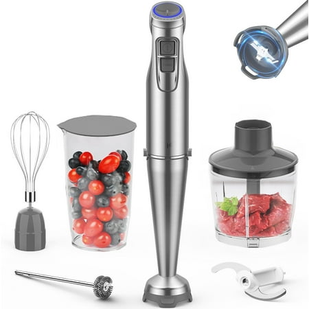 5-in-1 Hand Immersion Blender, 1100W 12 Speed Handheld Blender, Copper Motor Stainless Steel Blade Stick Blender with 500ML Chopper, 600ML Beaker,Whisk and Milk Frother for Smoothie Sauces Food Soups