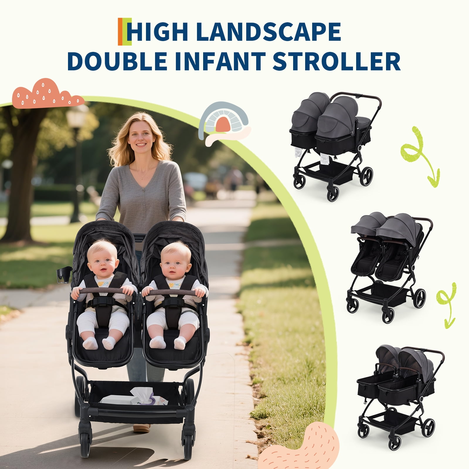 Roromall Side by Side Double Stroller for Twins, Adjustable Compact Folding Baby Travel Stroller with High Landscape Seat, Lightweight Canopy & Recline for Infant and Toddler