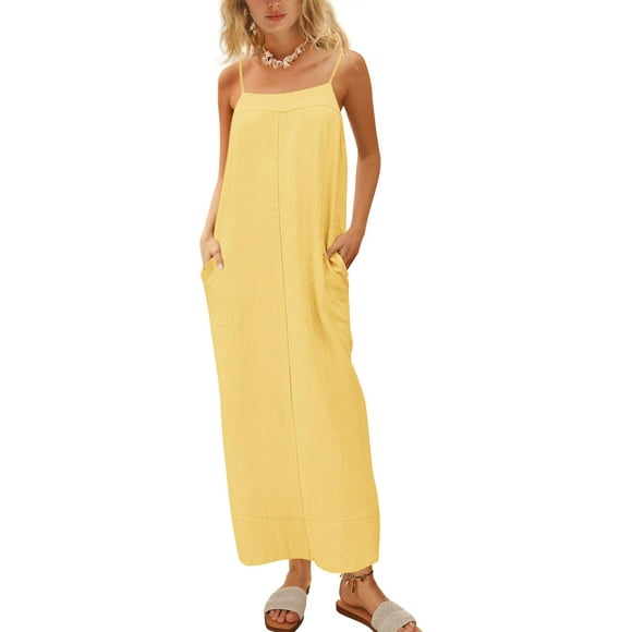 Vestido largo ReachMe de lino con tirantes finos de verano para mujer
