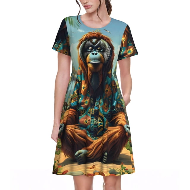 Balery Forest Meditating Gorilla Vestidos sueltos de manga corta para mujer, vestidos de verano 2025, vestidos casuales de corte A con vuelo.