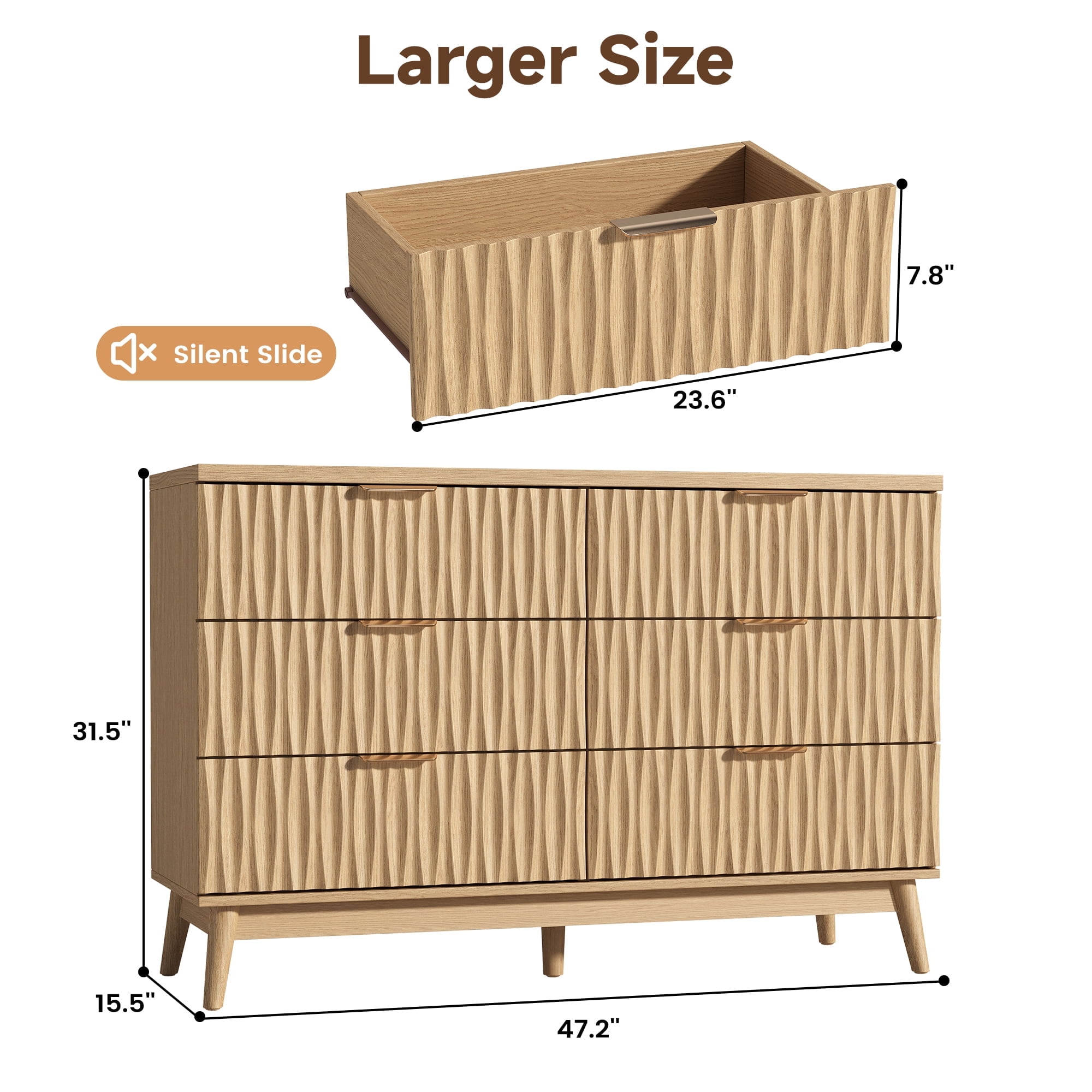 47"W Fluted 6 Drawers Dresser for Bedroom, Modern Chest of Drawers with Metal Handle, Wooden TV Stand for Living Room, Hallway