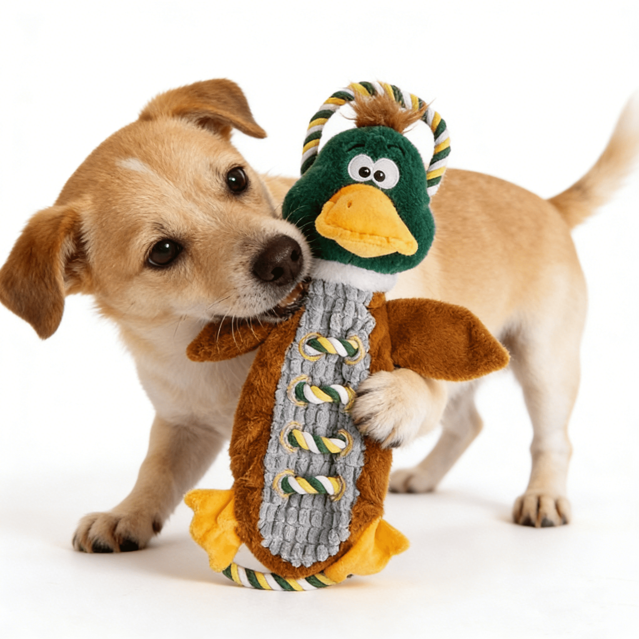 Duck Plush Squeaky Dog Toy, Tug of War Interactive Chew Toy with Rope, Durable Teeth Cleaning Pet Toy for Small to Medium Dogs