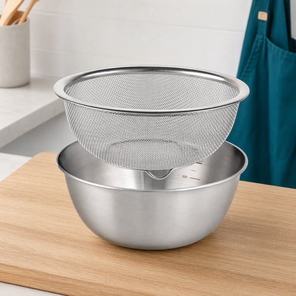 304 Stainless Steel Colander with Mixing Bowl, Drainer Basket with Basin, Pasta Spaghetti Rice Rinser Strainer Washer for Fruit 18cm