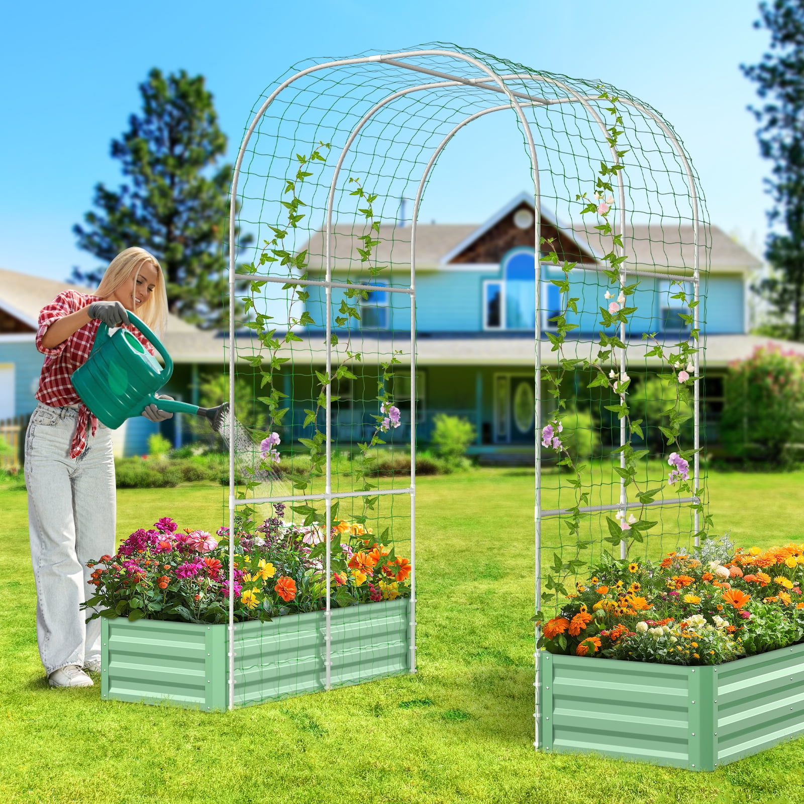 MOPHOTO 3 in 1 Raised Garden Bed with 87in Tall Arch Trellis for Climbing Plants, Galvanized Planter Garden Box Outdoor for Gardening, Climbing Vegetables, Flower, Green