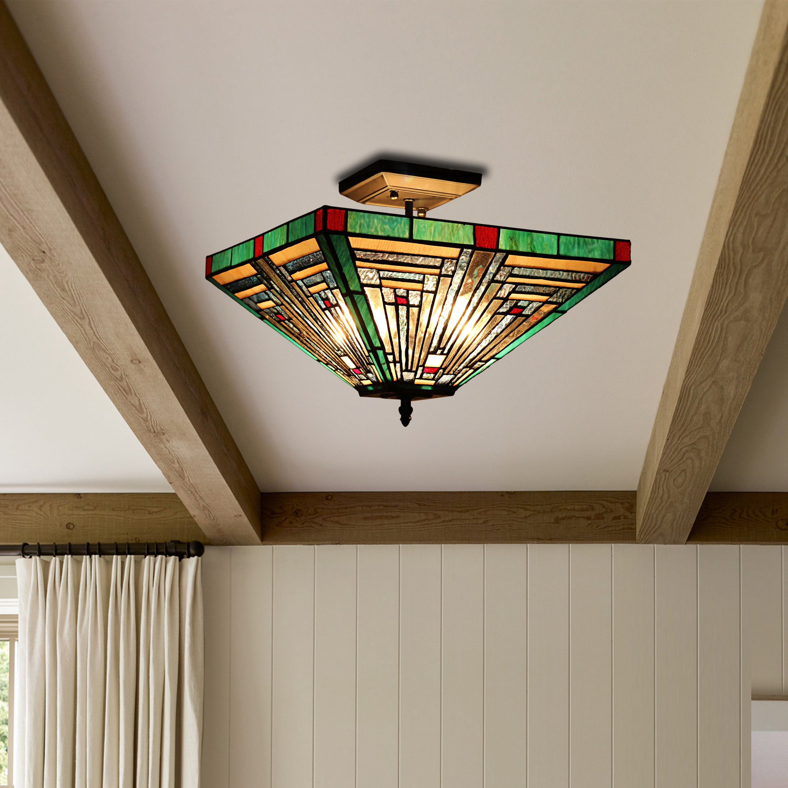 RADIANCE Goods Tiffany-Style Blackish Bronze 2 Light Mission Ceiling Fixture 14" Wide
