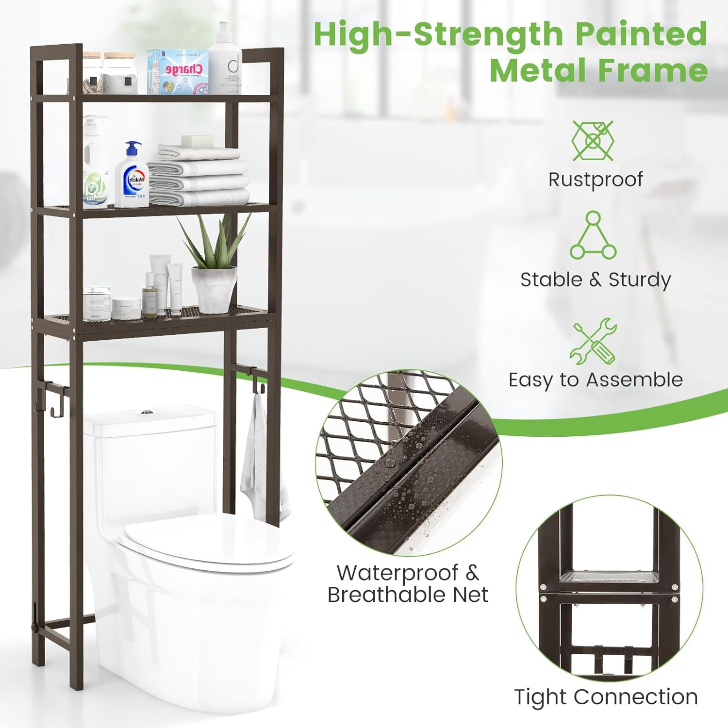 3-Tier Over the Toilet Storage Rack, Freestanding Bathroom Organizer Space Saving w/ Hooks Brown