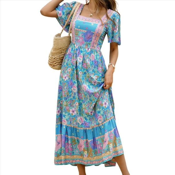 Vestido Informal, Fluido, con Estampado Floral Bohemio, de Corta y Corte Escalonado para Mujer (Verano 2025) Azul M