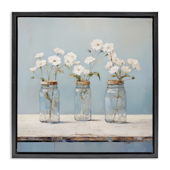 Stupell Industries Country Jar Bouquet Trio Floral Painting Black Floater Framed Canvas Art Print Wall Art, 18 x 18