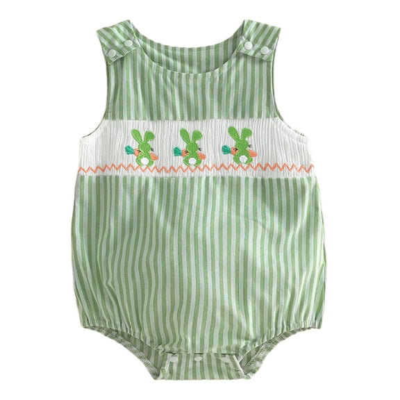Nwiuh Newborn Baby Boy Easter Outfit Bunny Embroidery Sleeveless Smocked Bubble Romper Striped/Plaid Overalls Bodysuit (Light Green, 0-3 Months)