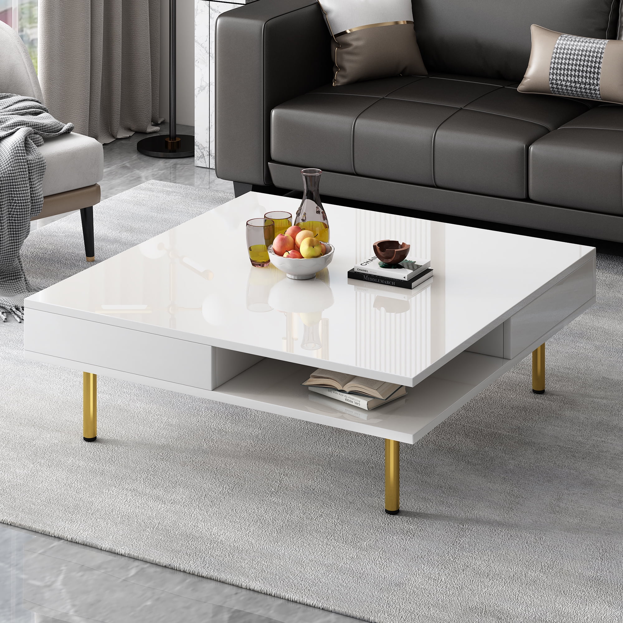 MAYEERTY High Gloss White Coffee Table with 4 Golden Legs, 2 Small Drawers, 2-Tier Square Center Table for Living Room, Modern Storage Table with Open Shelves, Elegant Coffee Table with Storage,White