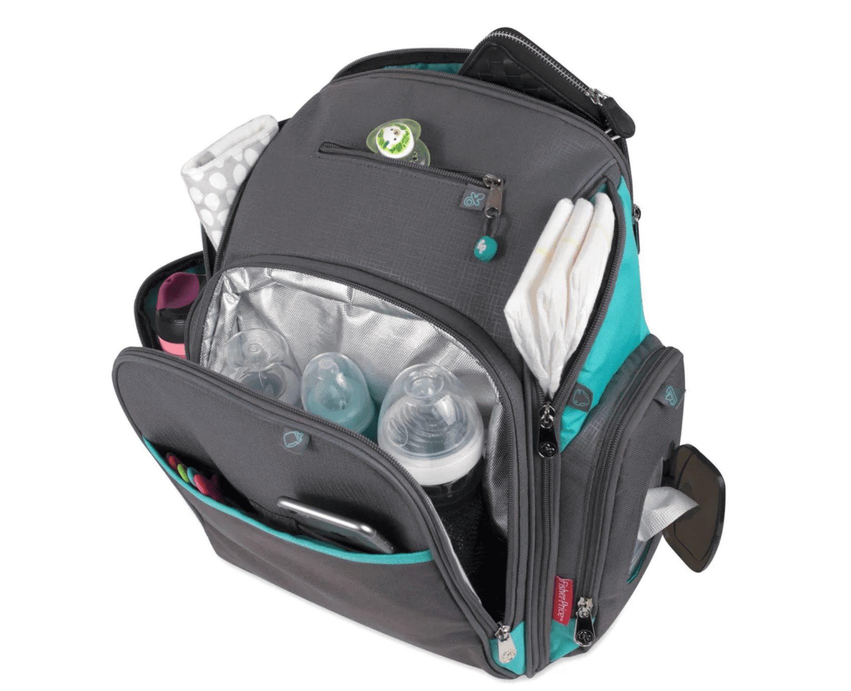 Fisher-Price Large Multi-Pocket Multifunction Kaden Baby Diaper Bag Backpack for Infant Boys & Girls with Insulated Bottle Pocket, Changing Pad, Wipes Dispenser in Unisex Gray & Aqua