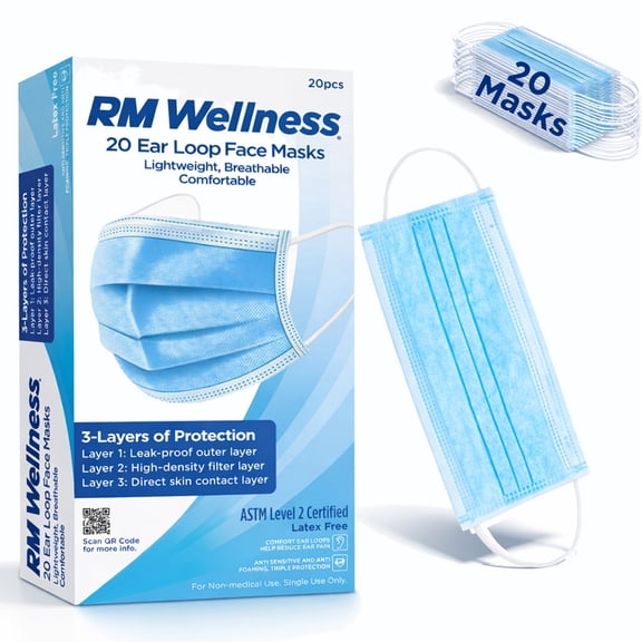 RM WELLNESS Blue 3-Ply Disposable Face Masks with Ear Loops, Adult, 20 Count
