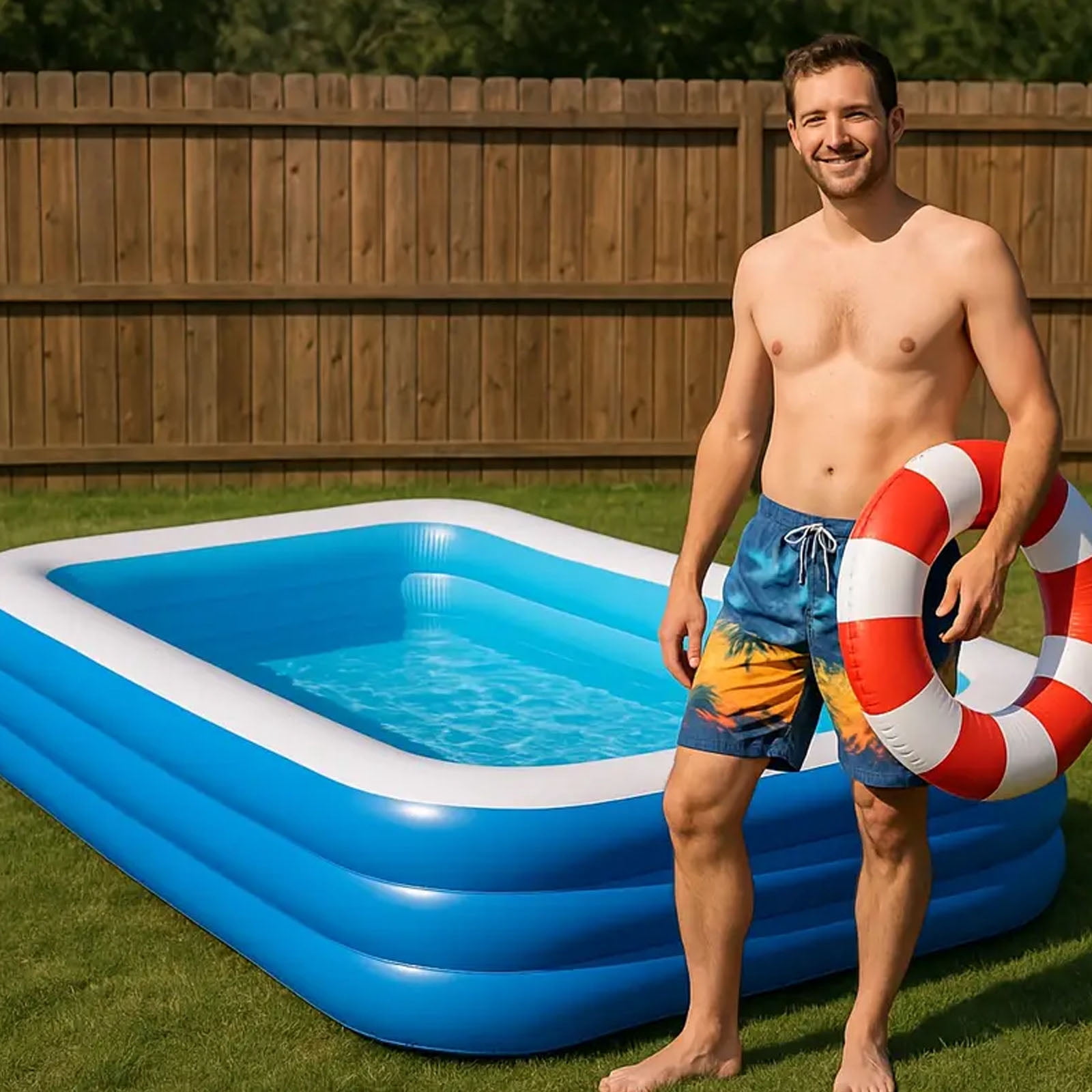 Inflatable Pool, 82.7" X 53.1" X 21.3" Family Swimming Pool with Drain Plug, Large Thickened Blow Up Swimming Pools Play Center, Foldable Swimming Pools for Outdoor, Garden, Backyard, Blue