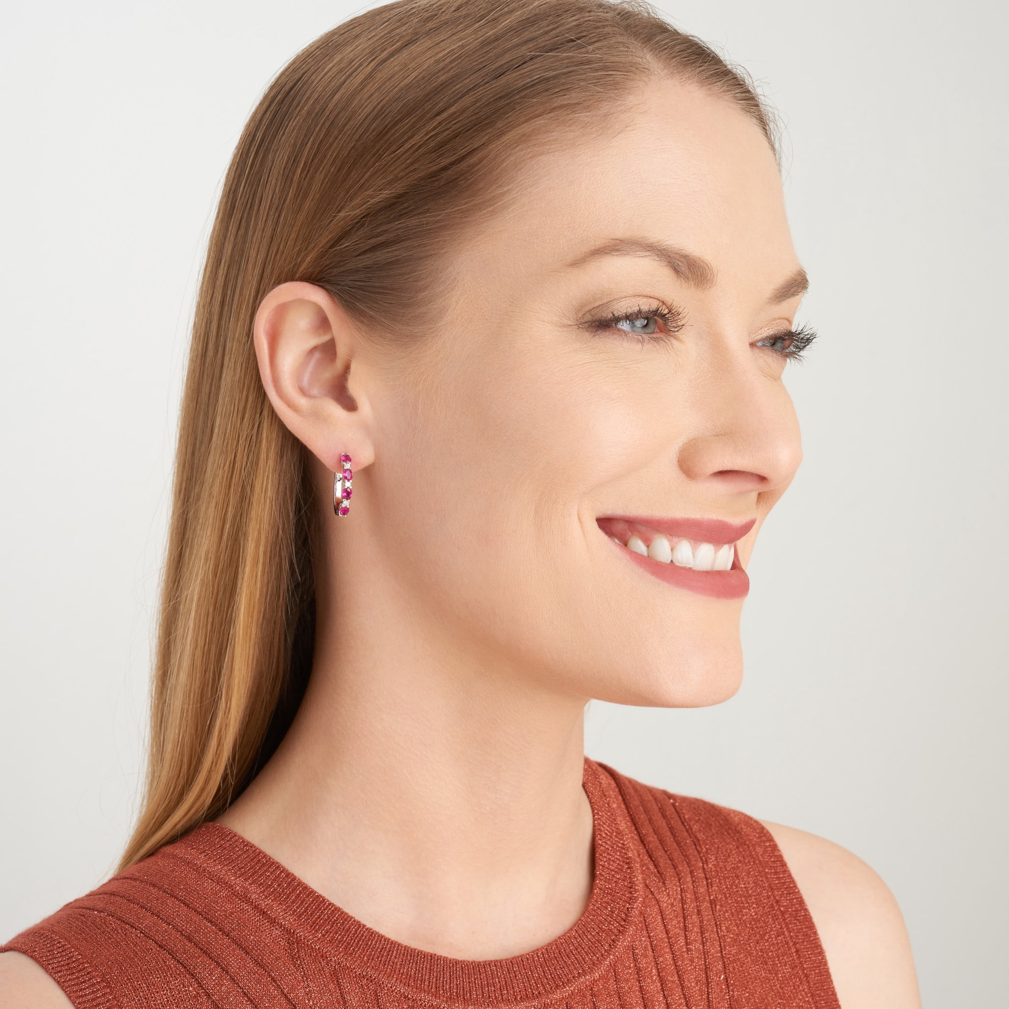 Forever Facets Lab Grown Diamond and Created Ruby Sterling Silver Hoop Earrings, Adult Female