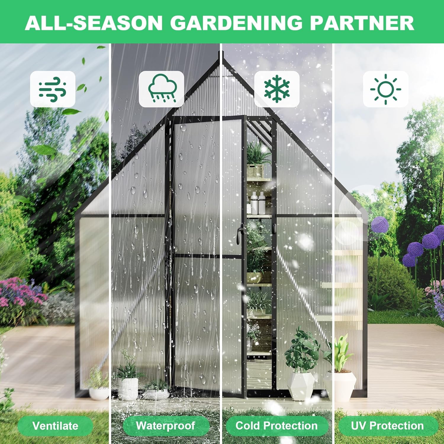 6' x 4'Aluminum Framed Polycarbonate Greenhouse,Heavy Duty Walk-in Garden Greenhouse with Roof Vent,Quick Setup