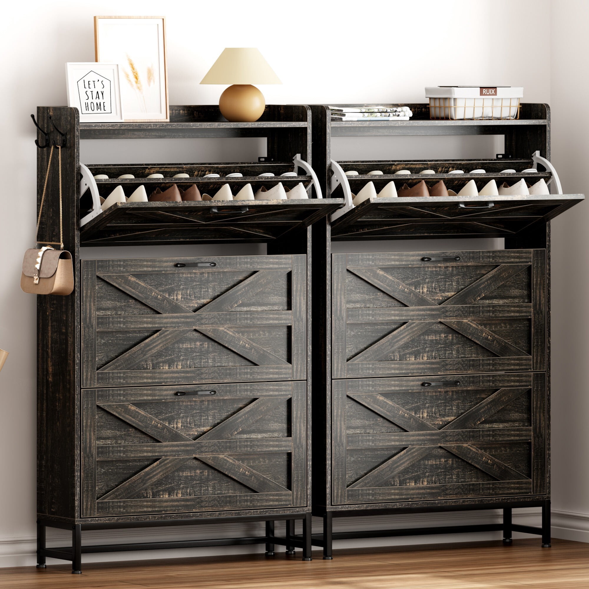 AENKYO Narrow Rustic Shoe Cabinet with Flip Drawers, 3-Tier Entryway Shoe Organizer, Charcoal gray