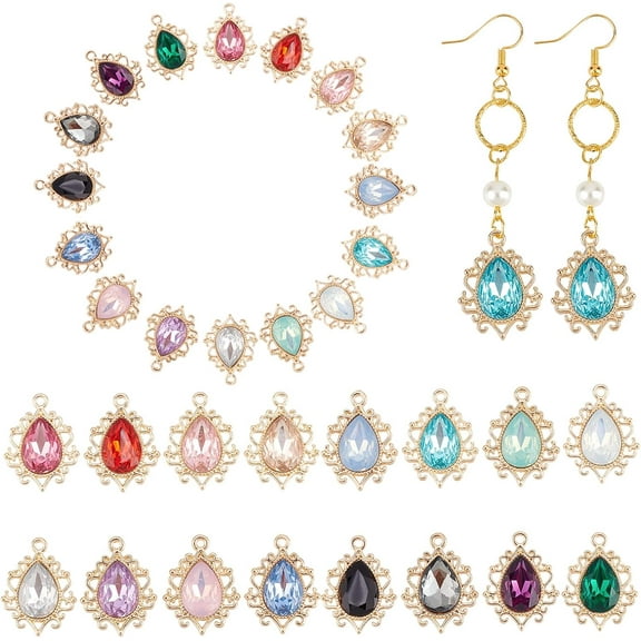 32pcs Golden Teardrop Charms 16 Colors Faceted Teardrop Beads Dangle Rhinestone Beads Teardrop Charms Pendants 19x25mm