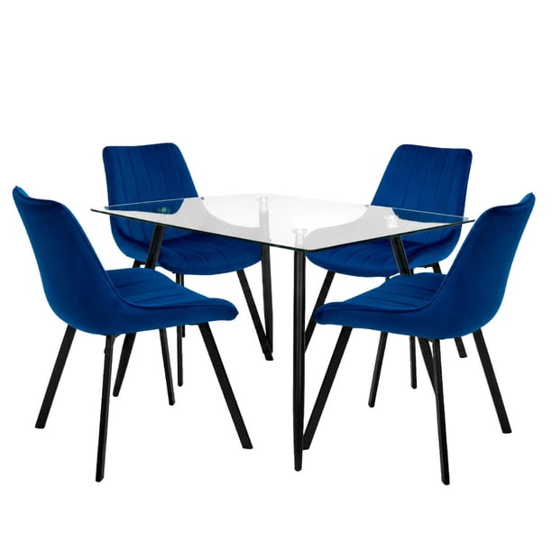 Comedor 4 Silla Velvet Mesa Cristal Minimal Estructura Acero azul