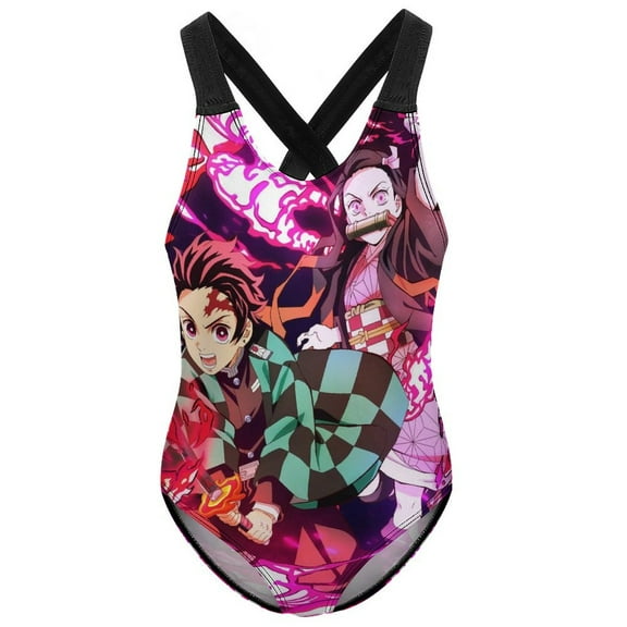 Demon Slayer Swimwear Kids' One-Piece Swimsuit Quick-Dry Cute Printed Girls' Swimwear Bathing Suit for Beach & Pool 6-7Y(110cm)