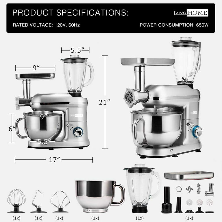 3In1 Food Stand Mixer Stainless Steel Bowl Meat Grinder Blender