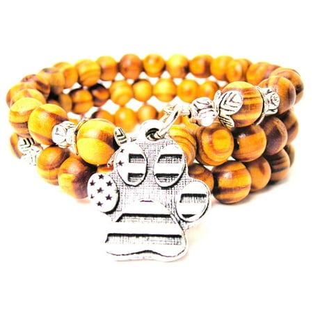 Wood Wrap Bracelet - American Flag Paw Print Natural Wood Wrap Bracelet, One Size Fits All, Chubby Chico Charms Exclusive