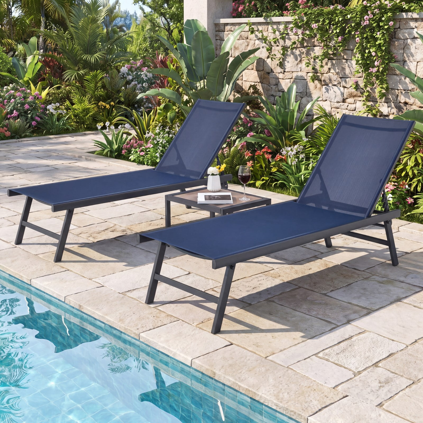 Furnibear 3 Piece Patio Chaise Lounge Set of 2 with Adjustable Backrest Aluminum Frame Breathable Seat and DPC Side Table for Poolside Yard, Navy