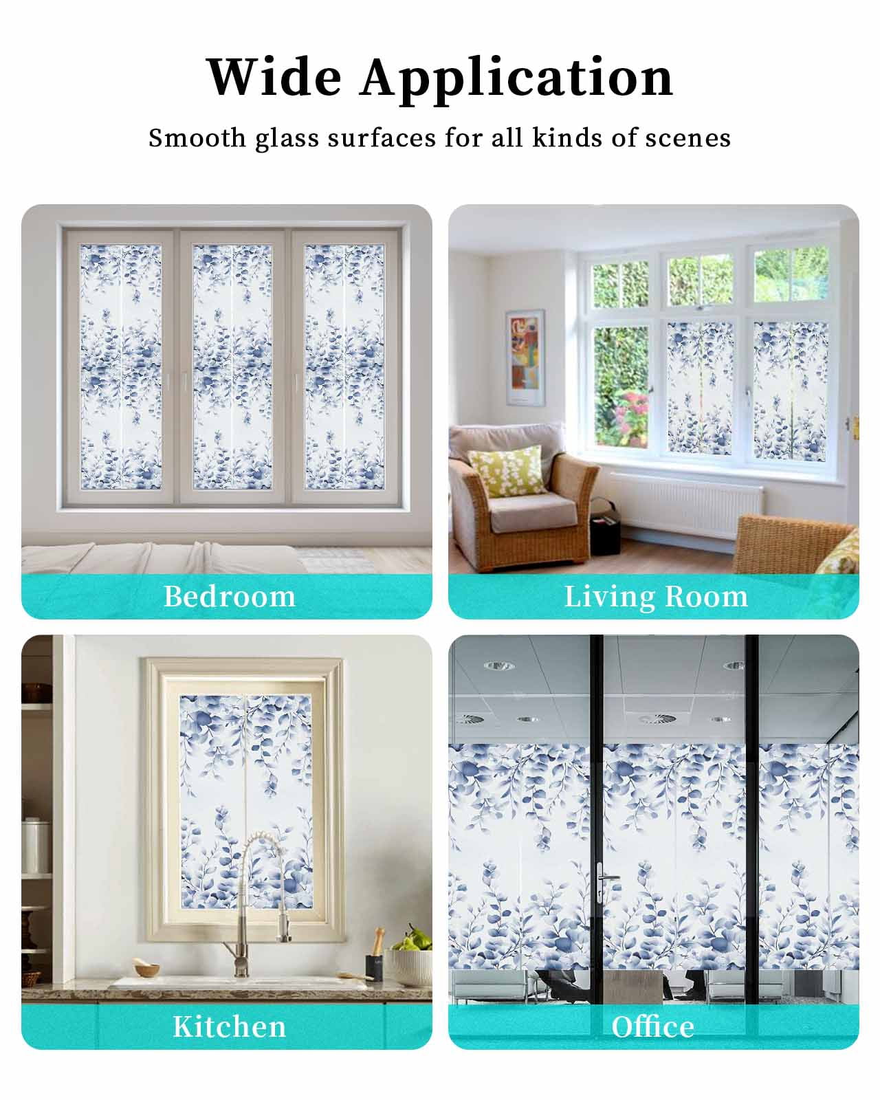 Window Privacy Film Blue Eucalyptus Leaves Stained Glass Window Film Decorative Sun Block Window Cover Watercolor Spring Botanical Window Clings Static Adhesive Sticker for Bathroom 17.7"x78.7"