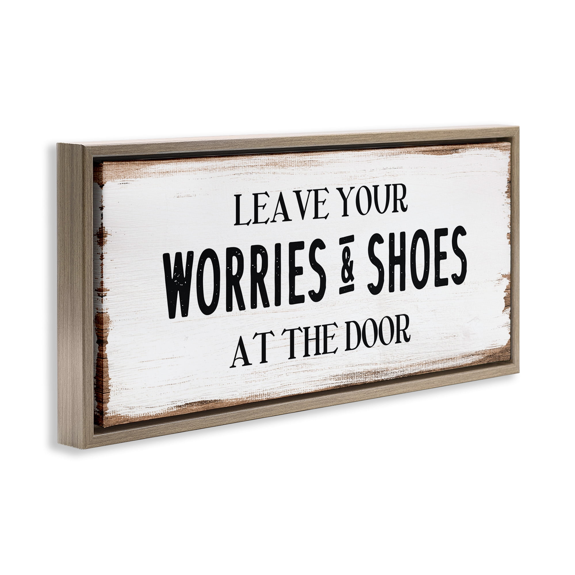 Stupell Industries Worries & Shoes At Door Phrase Typography Painting Brown Floater Framed Canvas Art Print Wall Art, 31 x 14