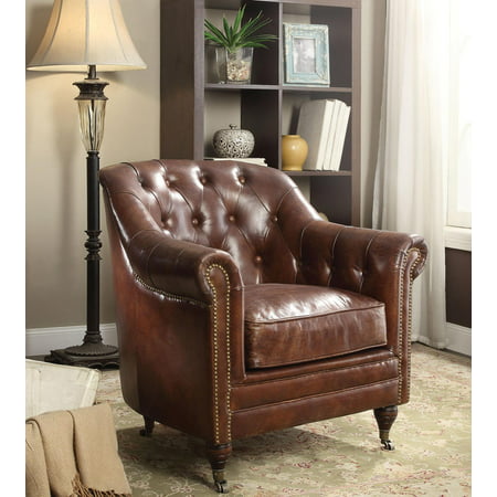 Vintage Dark Brown Leather Accent Chair Acme Furniture 53627 Aberdeen