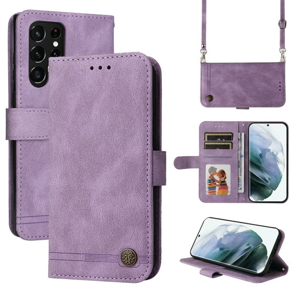 Feishell Crossbody Wallet Case for Samsung Galaxy S23 Ultra 6.8 inch,Premium PU Leather Magnetic Clasp Flip Kickstand Credit Card Slots Shockproof Phone Case with Removable Shoulder Strap,Purple