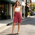 thumbnail image 4 of Yteetum Bermuda Shorts for Women Summer Drawstring Button Knee Length Shorts Casual Solid Loose Fits Lightweight Comfy Hiking Shorts, 4 of 8